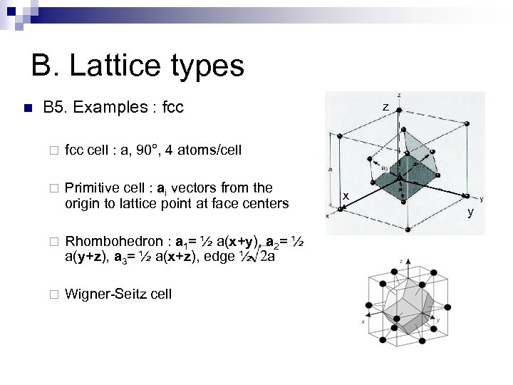 B. Lattice types n B 5. Examples : fcc ¨ fcc cell : a,