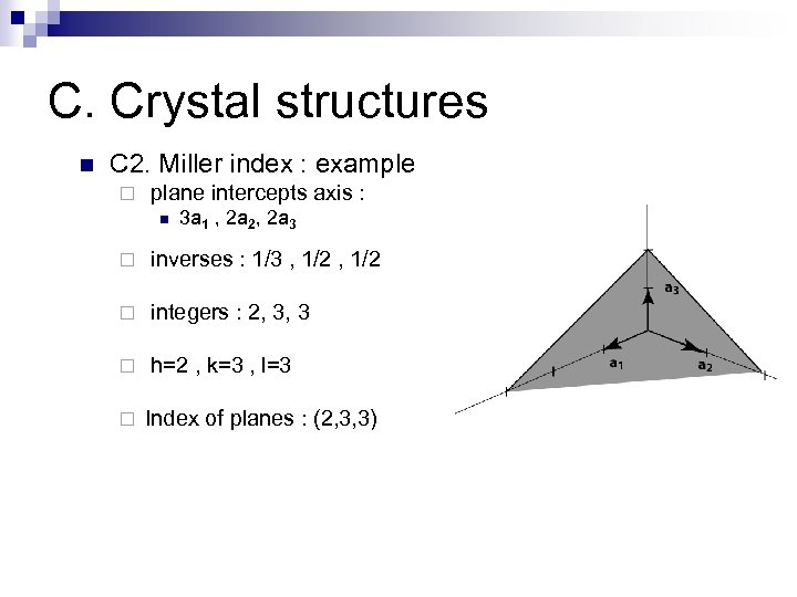 C. Crystal structures n C 2. Miller index : example ¨ plane intercepts axis