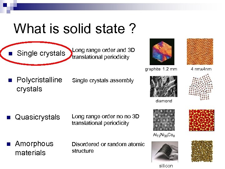 What is solid state ? n Single crystals Long range order and 3 D