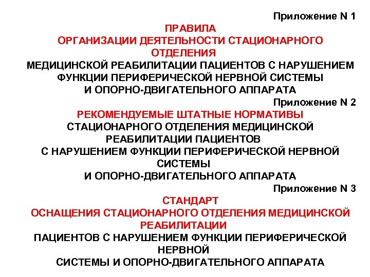 Приложение N 1 ПРАВИЛА ОРГАНИЗАЦИИ ДЕЯТЕЛЬНОСТИ СТАЦИОНАРНОГО ОТДЕЛЕНИЯ МЕДИЦИНСКОЙ РЕАБИЛИТАЦИИ ПАЦИЕНТОВ С НАРУШЕНИЕМ ФУНКЦИИ