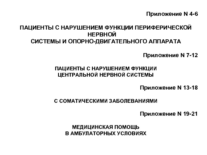 Приложение N 4 -6 ПАЦИЕНТЫ С НАРУШЕНИЕМ ФУНКЦИИ ПЕРИФЕРИЧЕСКОЙ НЕРВНОЙ СИСТЕМЫ И ОПОРНО-ДВИГАТЕЛЬНОГО АППАРАТА