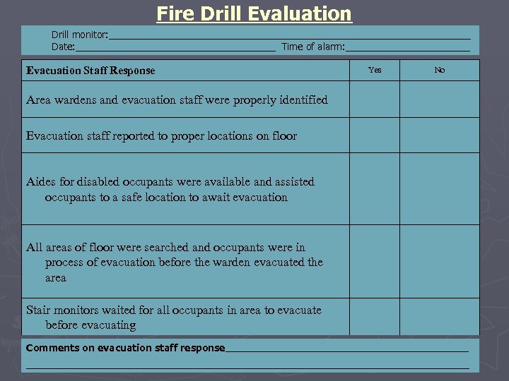 Fire Drill Evaluation Drill monitor: __________________________________ Date: ___________________ Time of alarm: ____________ Evacuation Staff