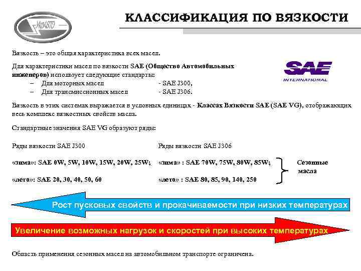 КЛАССИФИКАЦИЯ ПО ВЯЗКОСТИ Вязкость – это общая характеристика всех масел. Для характеристики масел по