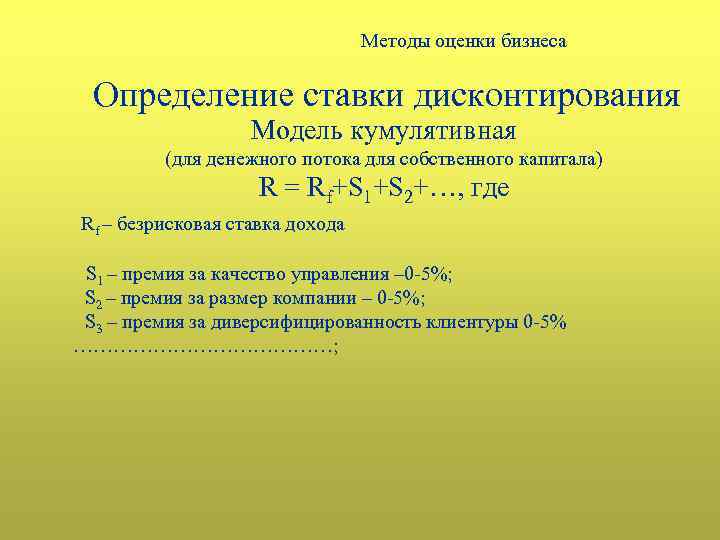Методы оценки бизнеса Определение ставки дисконтирования Модель кумулятивная (для денежного потока для собственного капитала)