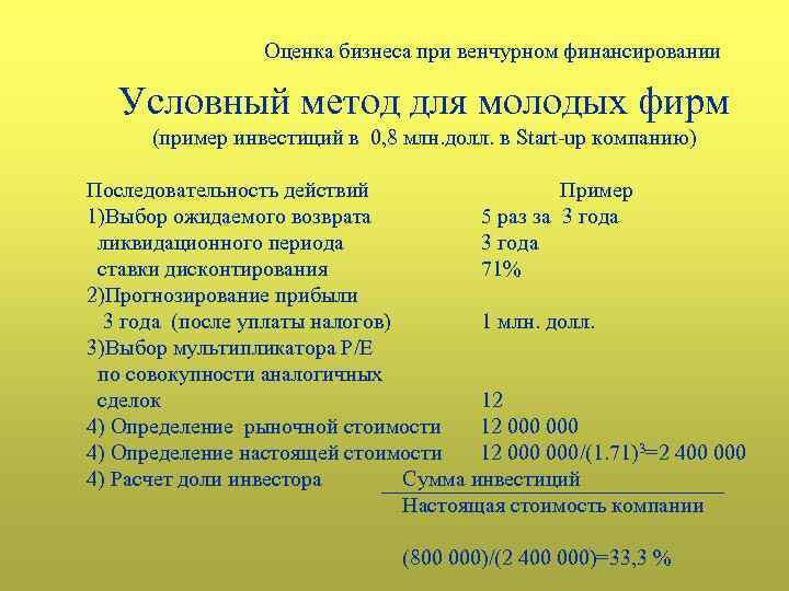 Оценка бизнеса при венчурном финансировании Условный метод для молодых фирм (пример инвестиций в 0,