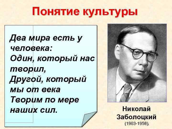Понятие культуры Два мира есть у человека: Один, который нас творил, Другой, который мы