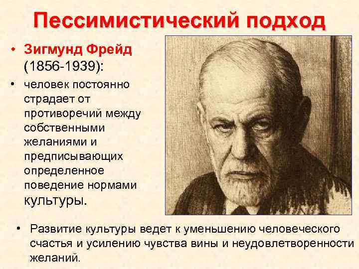 Пессимистический подход • Зигмунд Фрейд (1856 -1939): • человек постоянно страдает от противоречий между