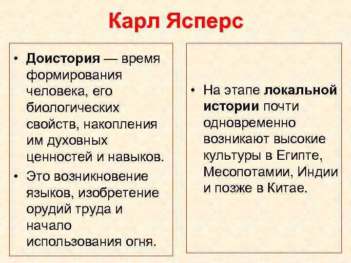 Карл Ясперс • Доистория — время формирования человека, его биологических свойств, накопления им духовных
