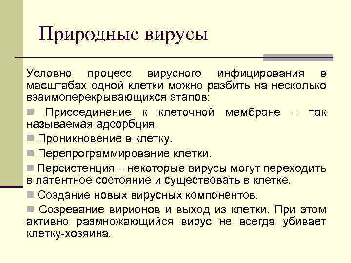 Природные вирусы Условно процесс вирусного инфицирования в масштабах одной клетки можно разбить на несколько