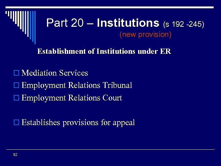 Part 20 – Institutions (s 192 -245) (new provision) Establishment of Institutions under ER