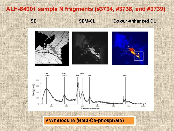 ALH-84001 sample N fragments (#3734, #3738, and #3739) SE SEM-CL Colour-enhanced CL ØWhitlockite (Beta-Ca-phosphate)