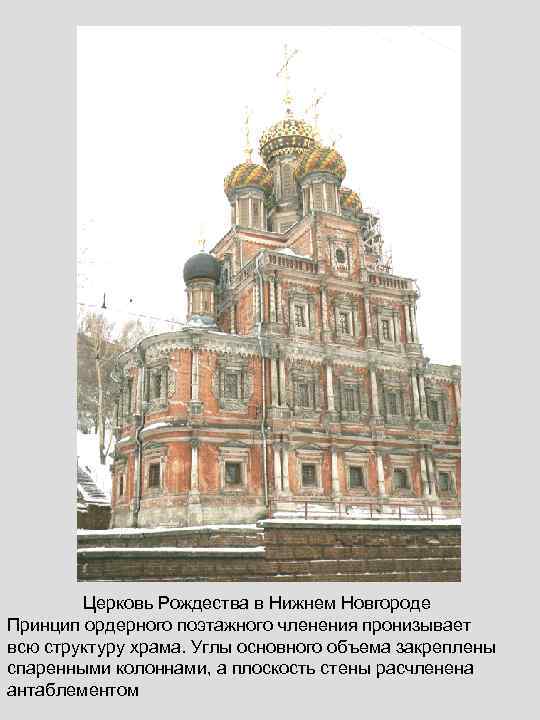 Церковь Рождества в Нижнем Новгороде Принцип ордерного поэтажного членения пронизывает всю структуру храма. Углы