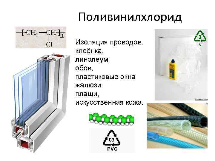 Поливинилхлорид Изоляция проводов. клеёнка, линолеум, обои, пластиковые окна жалюзи, плащи, искусственная кожа. 