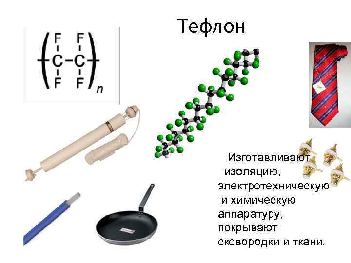 Тефлонл Изготавливают изоляцию, электротехническую и химическую аппаратуру, покрывают сковородки и ткани. 