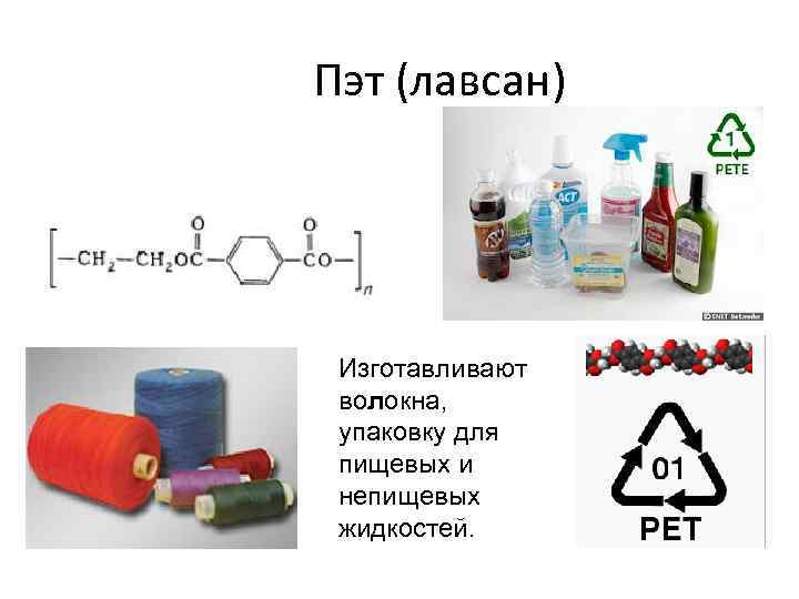 Пэт (лавсан) Изготавливают волокна, упаковку для пищевых и непищевых жидкостей. 