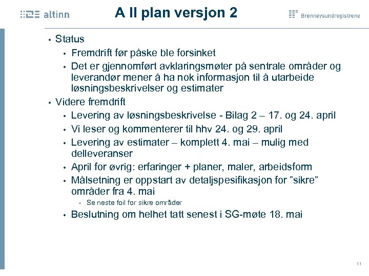 A II plan versjon 2 Status • Fremdrift før påske ble forsinket • Det