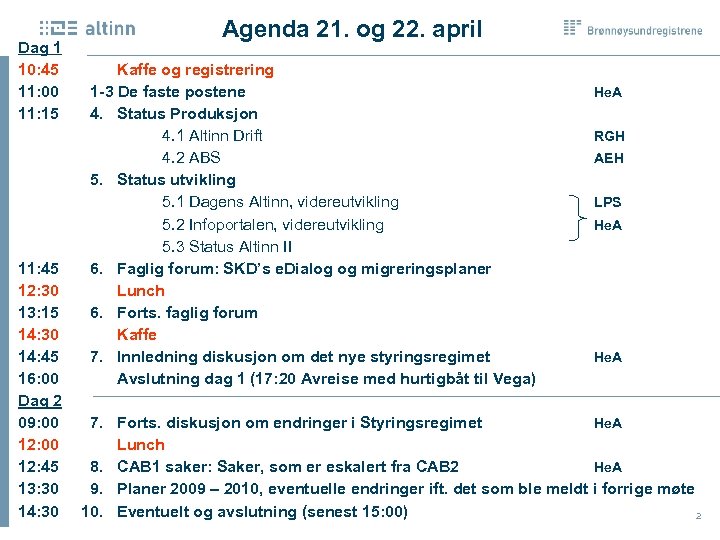 Dag 1 10: 45 11: 00 11: 15 Agenda 21. og 22. april Kaffe
