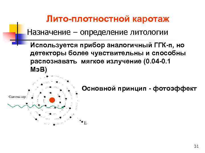 Лито-плотностной каротаж Назначение – определение литологии Используется прибор аналогичный ГГК-п, но детекторы более чувствительны