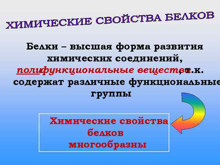 Белки – высшая форма развития химических соединений, поли функциональные вещества , т. к. содержат