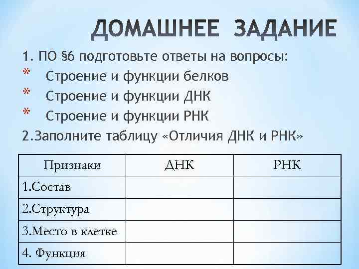 1. ПО § 6 подготовьте ответы на вопросы: * Строение и функции белков *