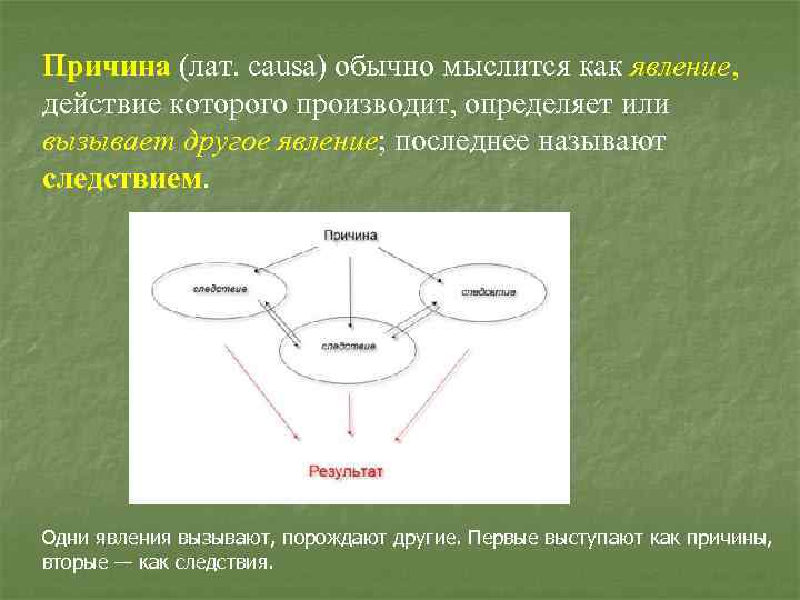 Причина (лат. causa) обычно мыслится как явление, действие которого производит, определяет или вызывает другое