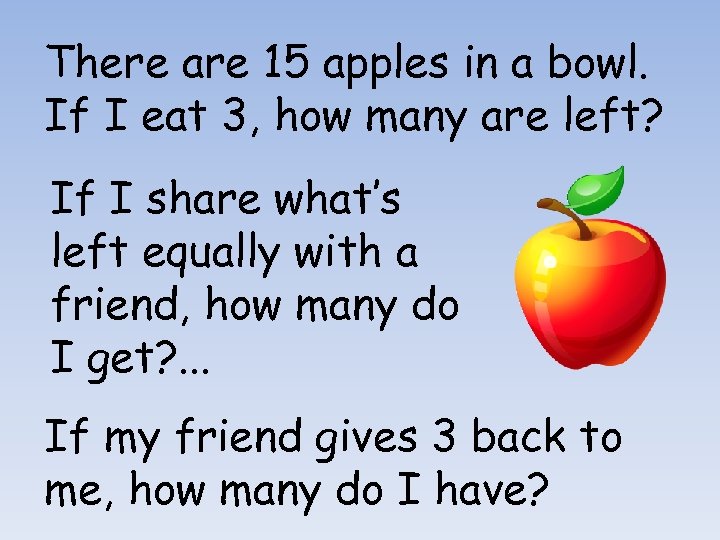 There are 15 apples in a bowl. If I eat 3, how many are