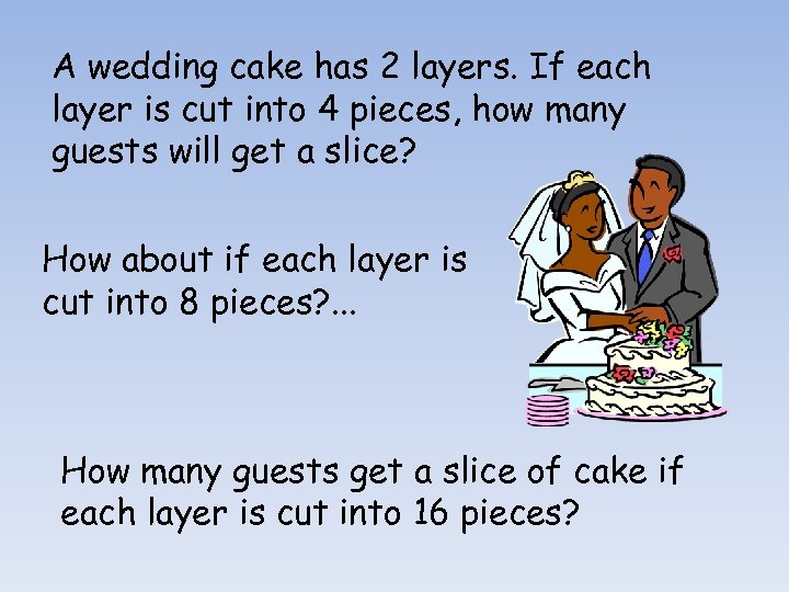 A wedding cake has 2 layers. If each layer is cut into 4 pieces,