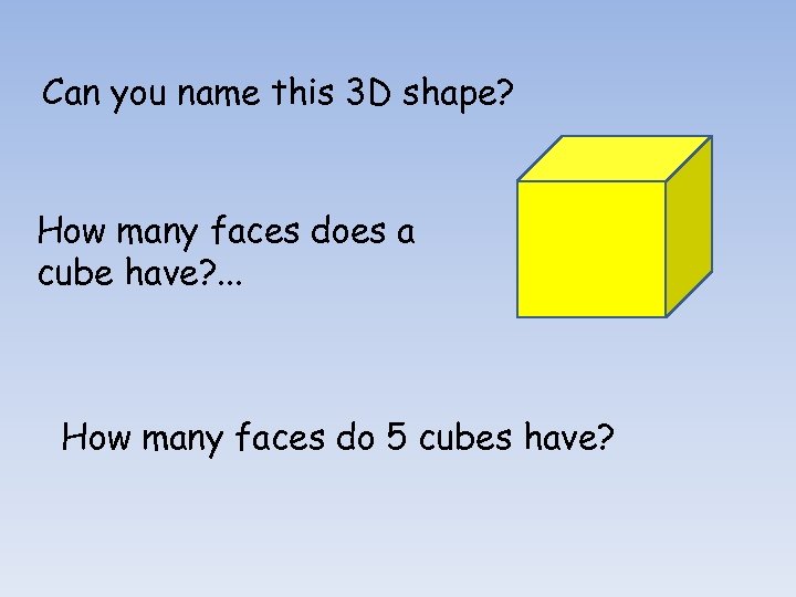 Can you name this 3 D shape? How many faces does a cube have?