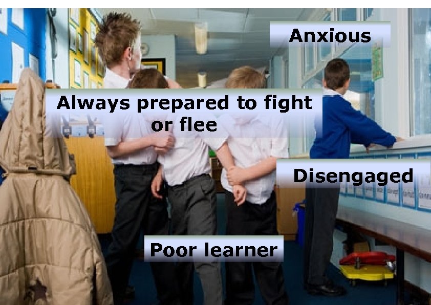 Anxious Always prepared to fight or flee Disengaged Poor learner 