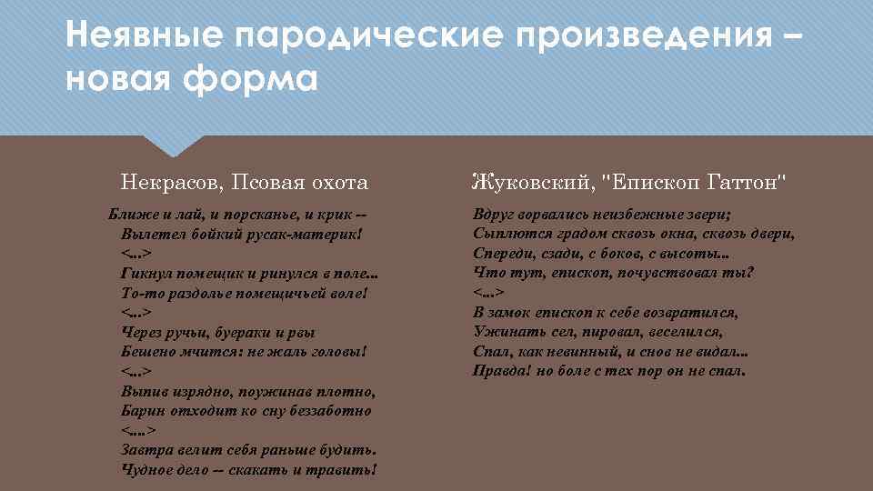 Неявные пародические произведения – новая форма Некрасов, Псовая охота Жуковский, 