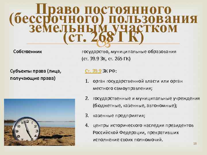 Право постоянного (бессрочного) пользования земельным участком (ст. 268 ГК) Собственник Субъекты права (лица, получающие