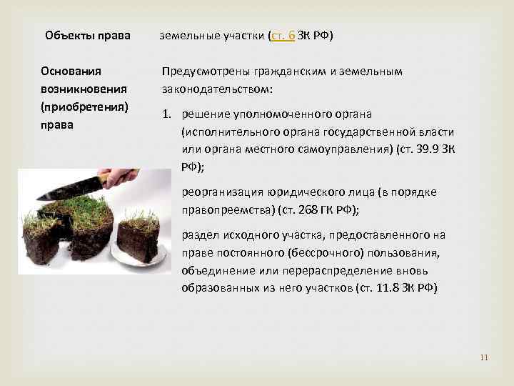 Объекты права Основания возникновения (приобретения) права земельные участки (ст. 6 ЗК РФ) Предусмотрены гражданским
