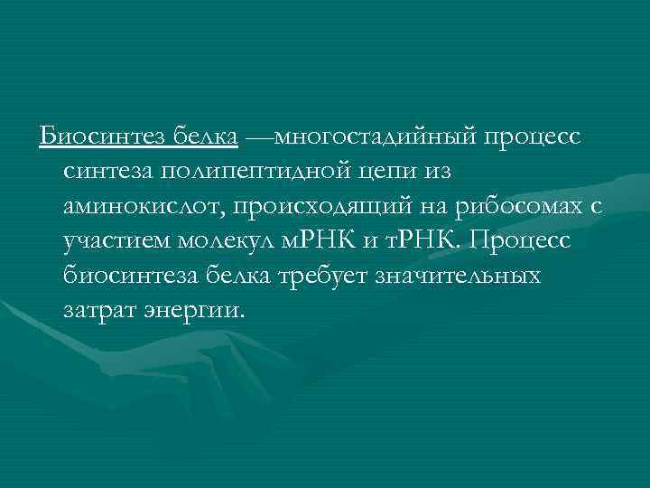 Биосинтез белка —многостадийный процесс синтеза полипептидной цепи из аминокислот, происходящий на рибосомах с участием