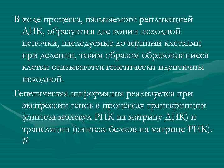 В ходе процесса, называемого репликацией ДНК, образуются две копии исходной цепочки, наследуемые дочерними клетками