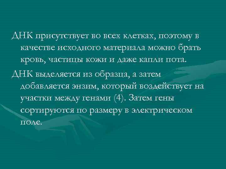 ДНК присутствует во всех клетках, поэтому в качестве исходного материала можно брать кровь, частицы