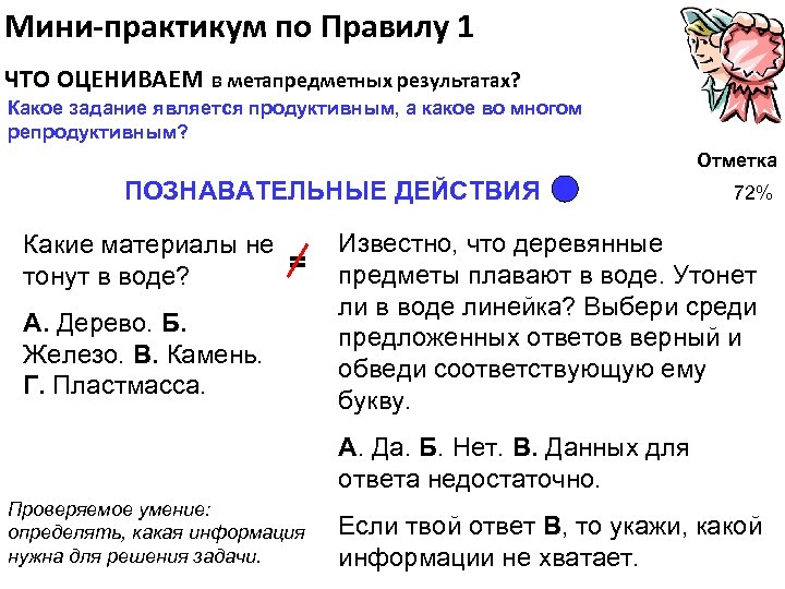 Мини-практикум по Правилу 1 ЧТО ОЦЕНИВАЕМ в метапредметных результатах? Какое задание является продуктивным, а