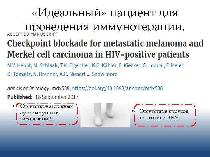  «Идеальный» пациент для проведения иммунотерапии. • Функциональный статус (ECOG 0 -1) • Отсутствие