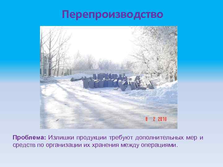 Перепроизводство Проблема: Излишки продукции требуют дополнительных мер и средств по организации их хранения между