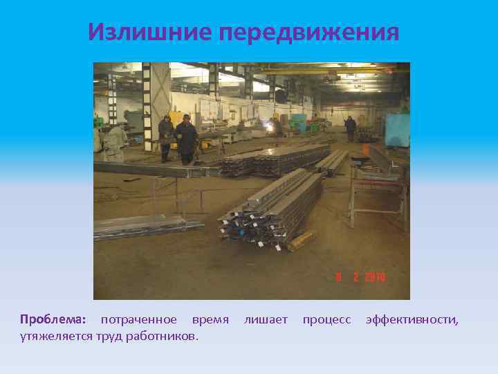 Излишние передвижения Проблема: потраченное время утяжеляется труд работников. лишает процесс эффективности, 