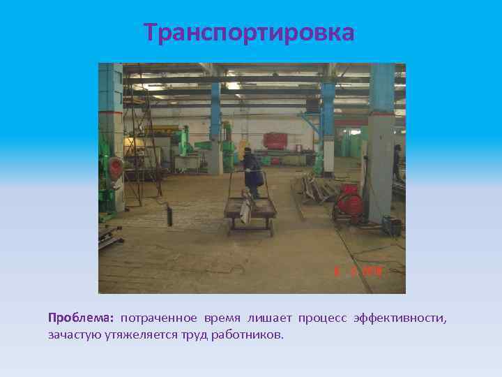 Транспортировка Проблема: потраченное время лишает процесс эффективности, зачастую утяжеляется труд работников. 