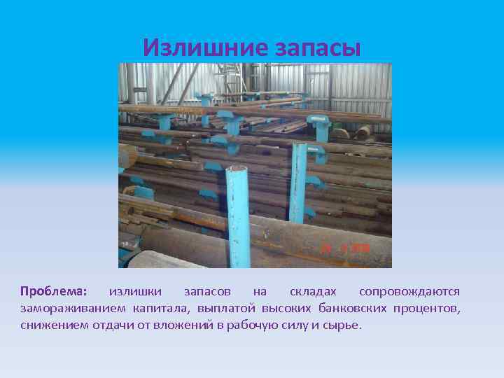 Излишние запасы Проблема: излишки запасов на складах сопровождаются замораживанием капитала, выплатой высоких банковских процентов,
