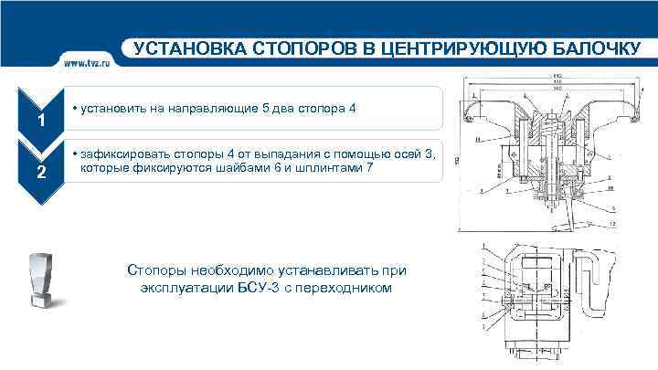 УСТАНОВКА СТОПОРОВ В ЦЕНТРИРУЮЩУЮ БАЛОЧКУ 1 2 • установить на направляющие 5 два стопора