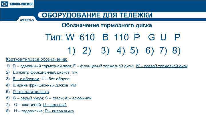 ОБОРУДОВАНИЕ ДЛЯ ТЕЛЕЖКИ Обозначение тормозного диска Тип: W 610 B 110 P G U