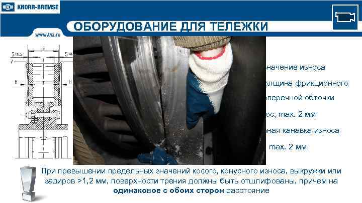 ОБОРУДОВАНИЕ ДЛЯ ТЕЛЕЖКИ Оценка износа тормозных дисков o G Предельное значение износа o S