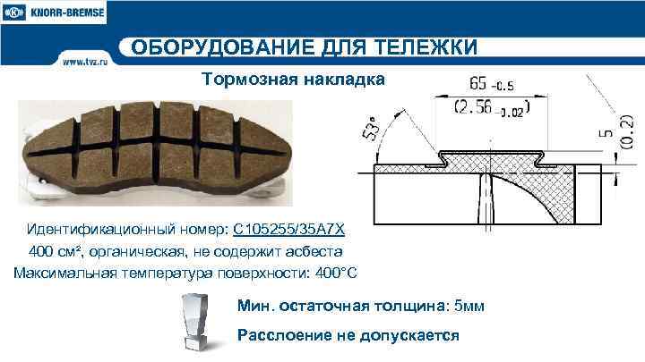 ОБОРУДОВАНИЕ ДЛЯ ТЕЛЕЖКИ Тормозная накладка Идентификационный номер: C 105255/35 A 7 X 400 см²,