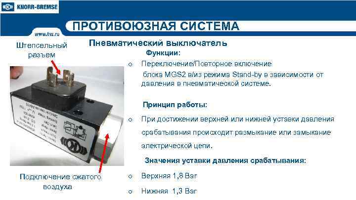 ПРОТИВОЮЗНАЯ СИСТЕМА Штепсельный разъем Пневматический выключатель o Функции: Переключение/Повторное включение блока MGS 2 в/из
