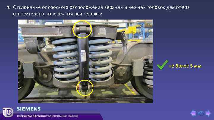 4. Отклонение от соосного расположения верхней и нежней головок демпфера относительно поперечной оси тележки