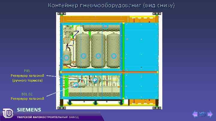 Контейнер пневмооборудования (вид снизу) P 83. Резервуар запасной (ручного тормоза) В 01. 02. Резервуар