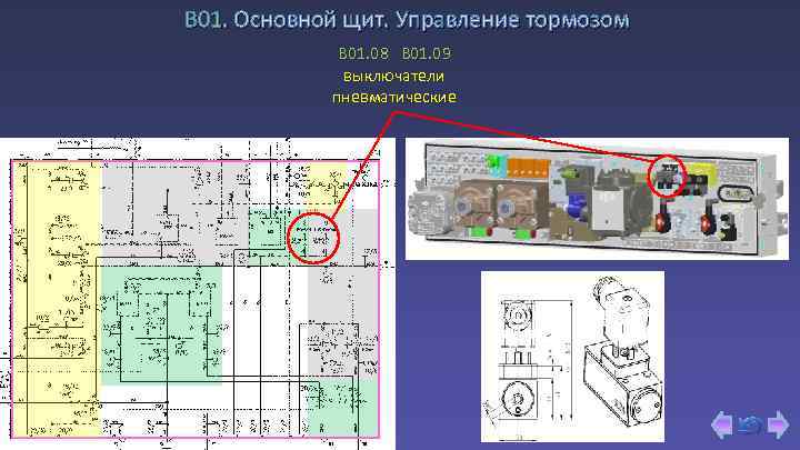 В 01. Основной щит. Управление тормозом B 01. 08 B 01. 09 выключатели пневматические