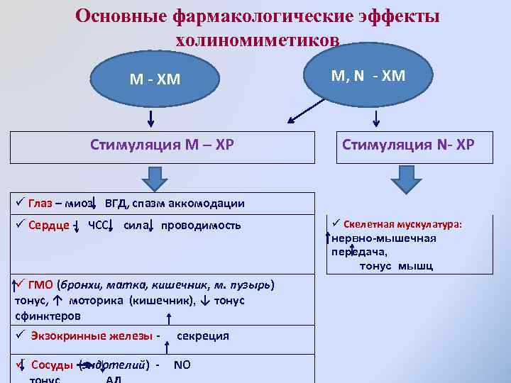 Основные фармакологические эффекты холиномиметиков М - ХМ Стимуляция М – ХР М, N -